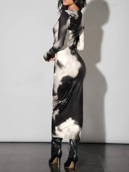 Vibrant Tie Dye Crew Neck Slim Fit Bodycon Dress - Elegant Long Sleeve, Comfy Stretchy Fabric, Spring & Fall Essential, Women's Fashion Clothing for Chic Ladies