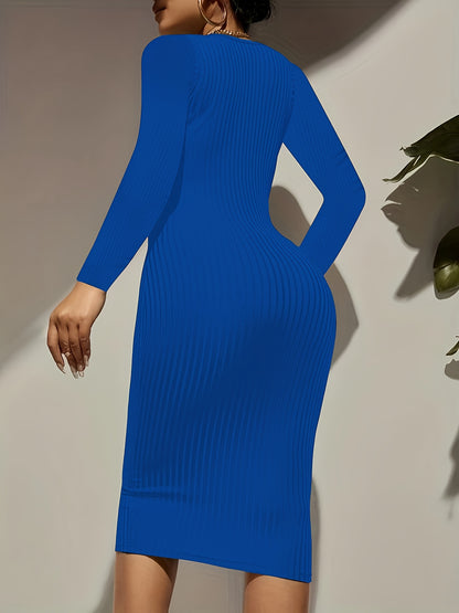 [Ribbed Bodycon Dress] Bodycon Women's Ribbed Long Sleeve Dress | Medium Stretch, Round Neck, Machine Washable, All-Season Versatile Casual to Formal Wear