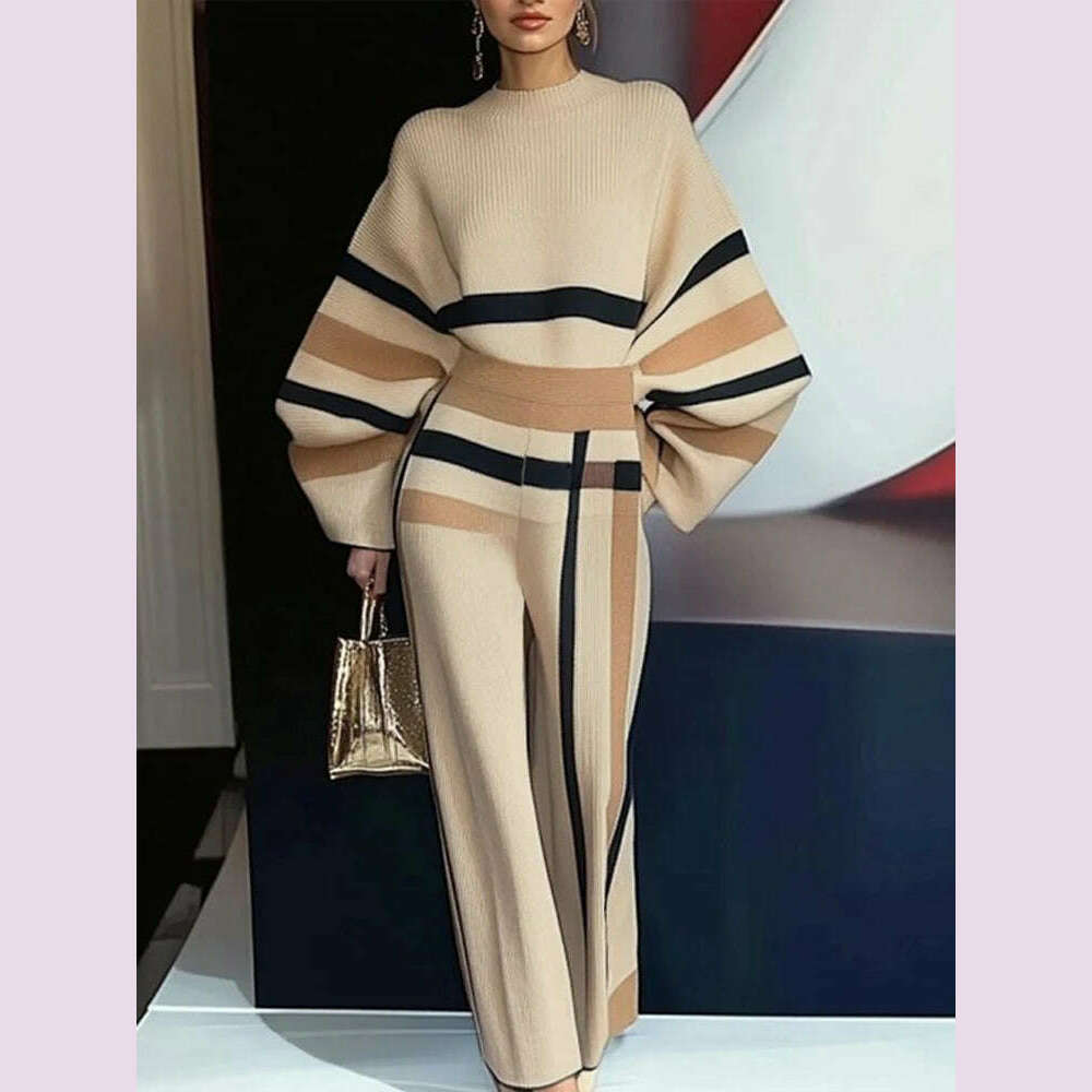 Beautyblue 2 Piece Sets Women Outfit Pant Sets 2025 New Round-Neck Pullovers Khaki Sweater Striped Wide Leg Pants Tops&Bottoms