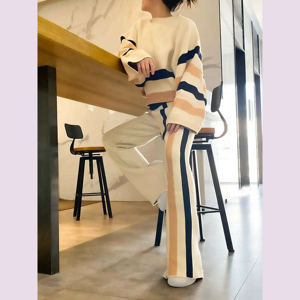Beautyblue 2 Piece Sets Women Outfit Pant Sets 2025 New Round-Neck Pullovers Khaki Sweater Striped Wide Leg Pants Tops&Bottoms