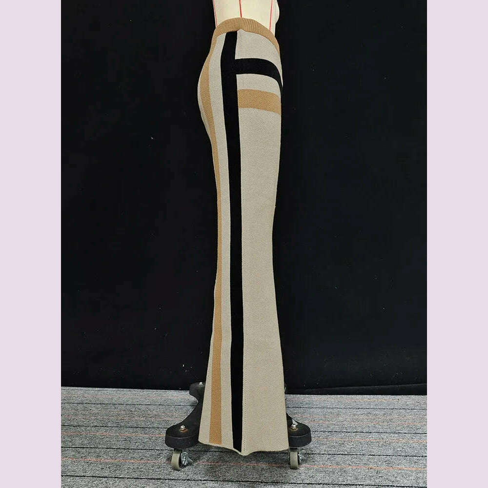 Beautyblue 2 Piece Sets Women Outfit Pant Sets 2025 New Round-Neck Pullovers Khaki Sweater Striped Wide Leg Pants Tops&Bottoms