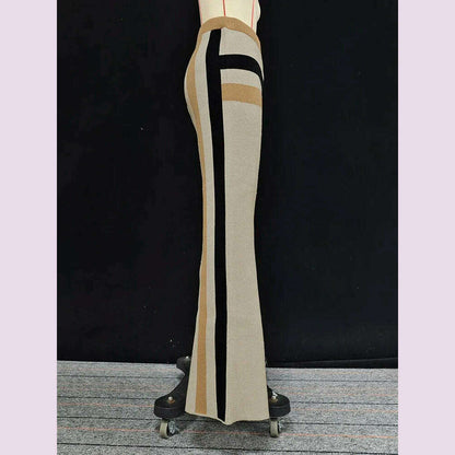 Beautyblue 2 Piece Sets Women Outfit Pant Sets 2025 New Round-Neck Pullovers Khaki Sweater Striped Wide Leg Pants Tops&Bottoms