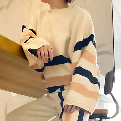 Beautyblue Chic Elegant Lantern Sleeves Pullovers Women Sweater New Casual Loose Fit Striped Knit Warm Autumn Spring Female Tops
