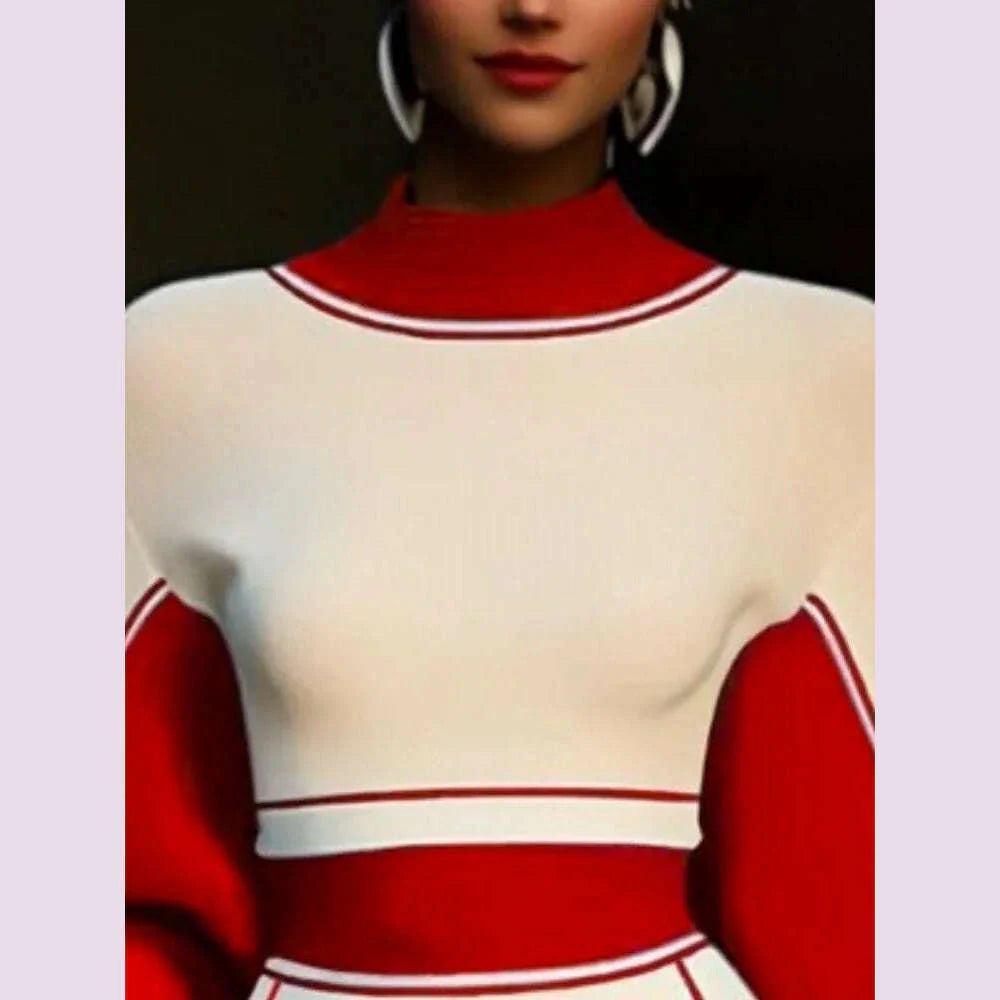 Beautyblue Women Clothing Stand Collar Long Sleeves Top Autumn Contrasting Colors Striped High Neck T-Shirts Female Base Layer
