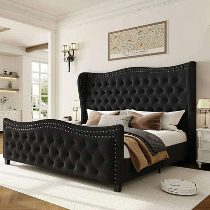 Bed Frame, 55"Headboard Upholstered Bed with Tall Footbaord,Velvet Handmade Pleats Deep Button Tufted WingbackPlatform Bed
