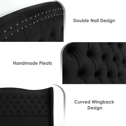 Bed Frame, 55"Headboard Upholstered Bed with Tall Footbaord,Velvet Handmade Pleats Deep Button Tufted WingbackPlatform Bed