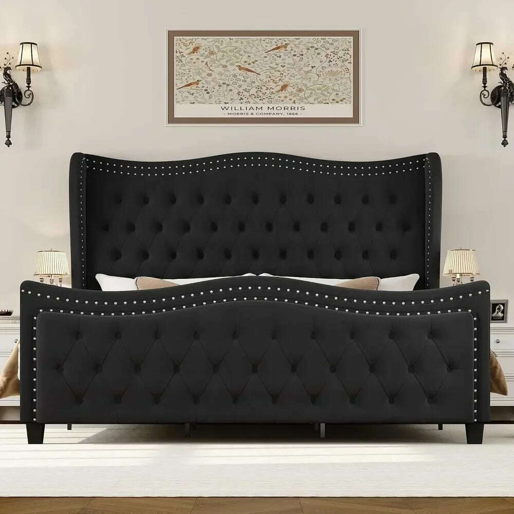 Bed Frame, 55"Headboard Upholstered Bed with Tall Footbaord,Velvet Handmade Pleats Deep Button Tufted WingbackPlatform Bed