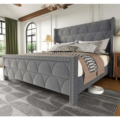 Bed Frame with -1000LBS Capacity Support, Velvet Upholstered Wingback Platform Bed Frame, Noise Free, Sturdy Wooden Slat Support