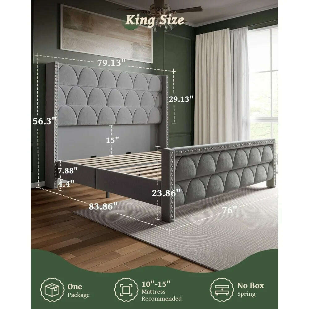 Bed Frame with -1000LBS Capacity Support, Velvet Upholstered Wingback Platform Bed Frame, Noise Free, Sturdy Wooden Slat Support