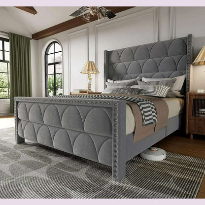 Bed Frame with -1000LBS Capacity Support, Velvet Upholstered Wingback Platform Bed Frame, Noise Free, Sturdy Wooden Slat Support