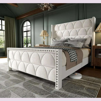Bed Frame with -1000LBS Capacity Support, Velvet Upholstered Wingback Platform Bed Frame, Noise Free, Sturdy Wooden Slat Support
