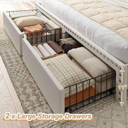 Bed Frame with Storage and Headboard, Upholstered Bed Frame with Storage, Bed Frame with 2 Drawers, No Box Spring Needed