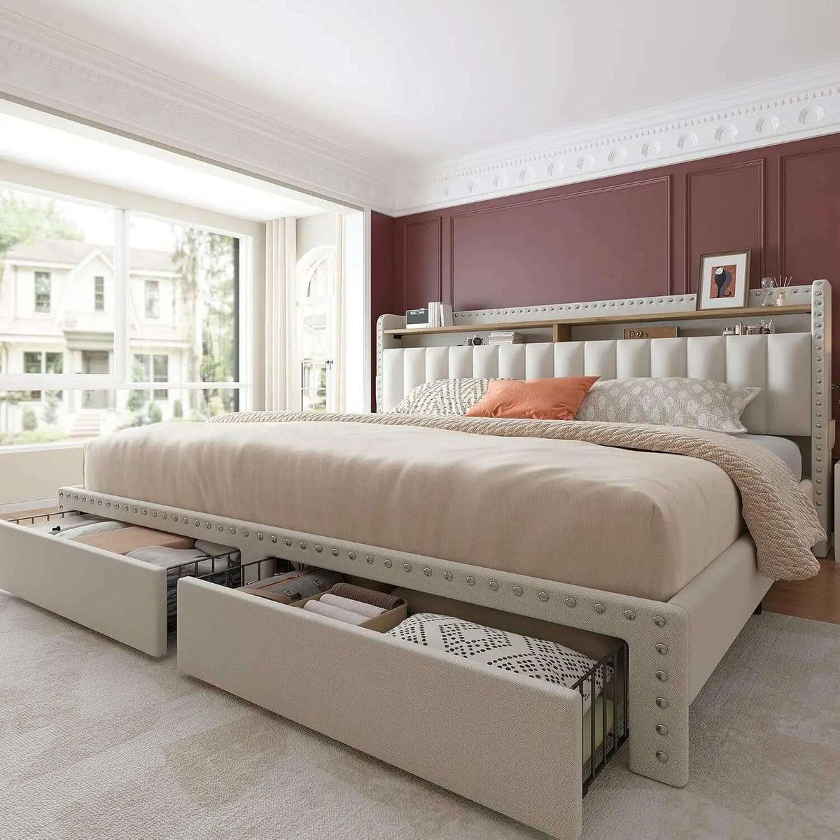 Bed Frame with Storage and Headboard, Upholstered Bed Frame with Storage, Bed Frame with 2 Drawers, No Box Spring Needed