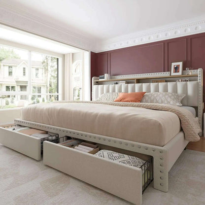 Bed Frame with Storage and Headboard, Upholstered Bed Frame with Storage, Bed Frame with 2 Drawers, No Box Spring Needed