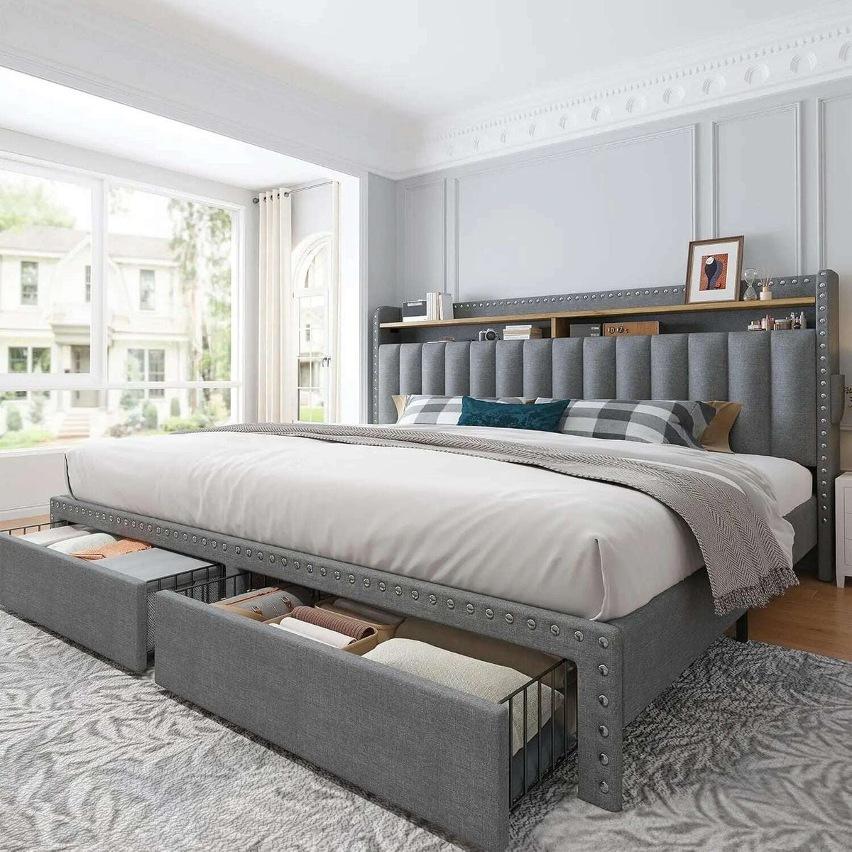 Bed Frame with Storage and Headboard, Upholstered Bed Frame with Storage, Bed Frame with 2 Drawers, No Box Spring Needed