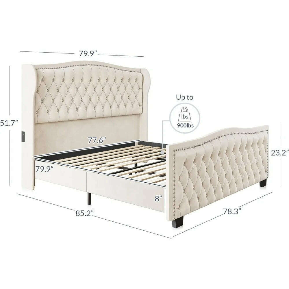 BELLEZE Upholstered Velvet King Platform Bed Frame with Deep Button Tufted Headboard, Charging Port - Oslo (Beige)