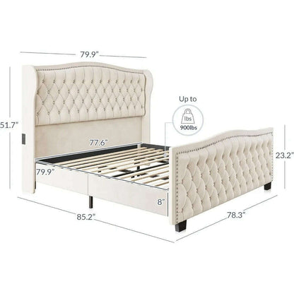 BELLEZE Upholstered Velvet King Platform Bed Frame with Deep Button Tufted Headboard, Charging Port - Oslo (Beige)