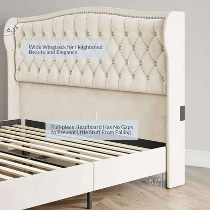 BELLEZE Upholstered Velvet King Platform Bed Frame with Deep Button Tufted Headboard, Charging Port - Oslo (Beige)