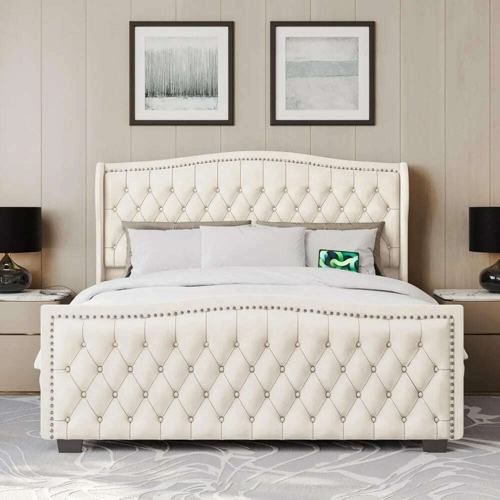 BELLEZE Upholstered Velvet King Platform Bed Frame with Deep Button Tufted Headboard, Charging Port - Oslo (Beige)
