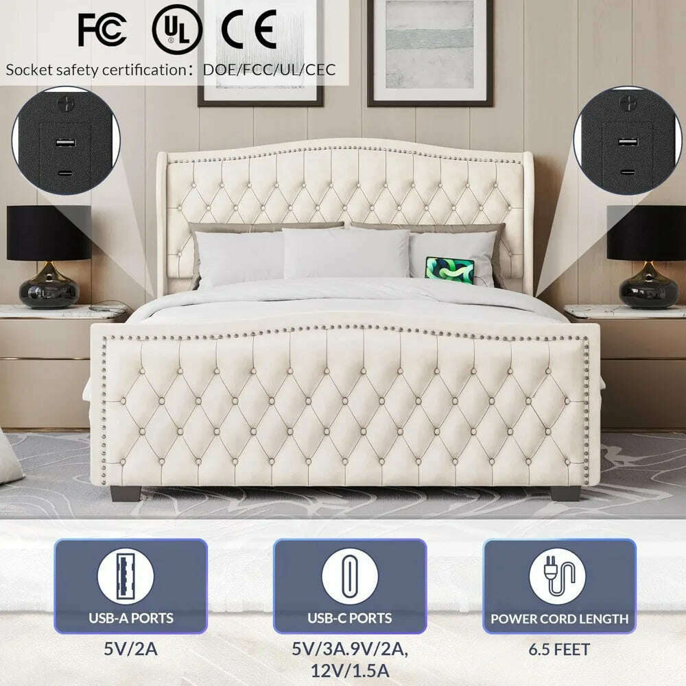 BELLEZE Upholstered Velvet King Platform Bed Frame with Deep Button Tufted Headboard, Charging Port - Oslo (Beige)