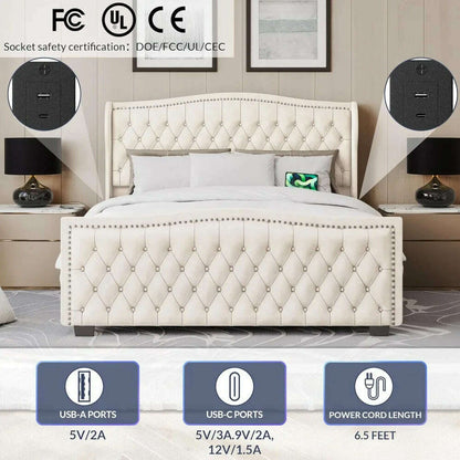 BELLEZE Upholstered Velvet King Platform Bed Frame with Deep Button Tufted Headboard, Charging Port - Oslo (Beige)