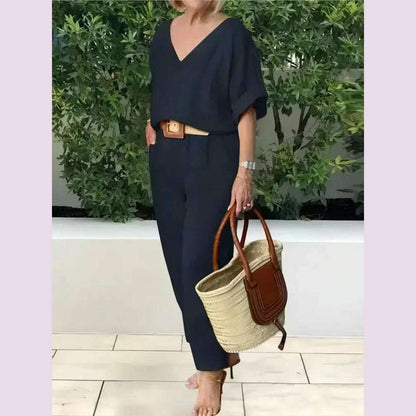 Beltless V-neck Short-sleeved Top + Nine-point Pants 2-piece Set For Women Fashion Summer Solid Color Loose Office Suit Female