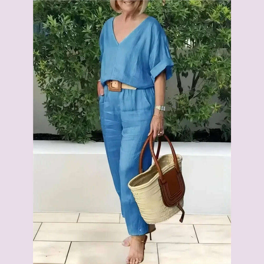 Beltless V-neck Short-sleeved Top + Nine-point Pants 2-piece Set For Women Fashion Summer Solid Color Loose Office Suit Female