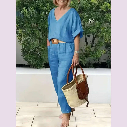 Beltless V-neck Short-sleeved Top + Nine-point Pants 2-piece Set For Women Fashion Summer Solid Color Loose Office Suit Female