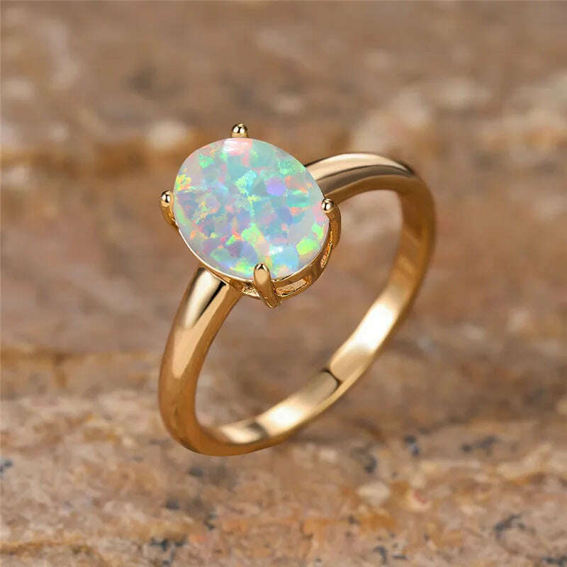 Big Oval Stone Engagement Ring White Fire Opal Egg Rings For Women Vintage Gold Color Wedding Bands Jewelry Minimalist Accessory