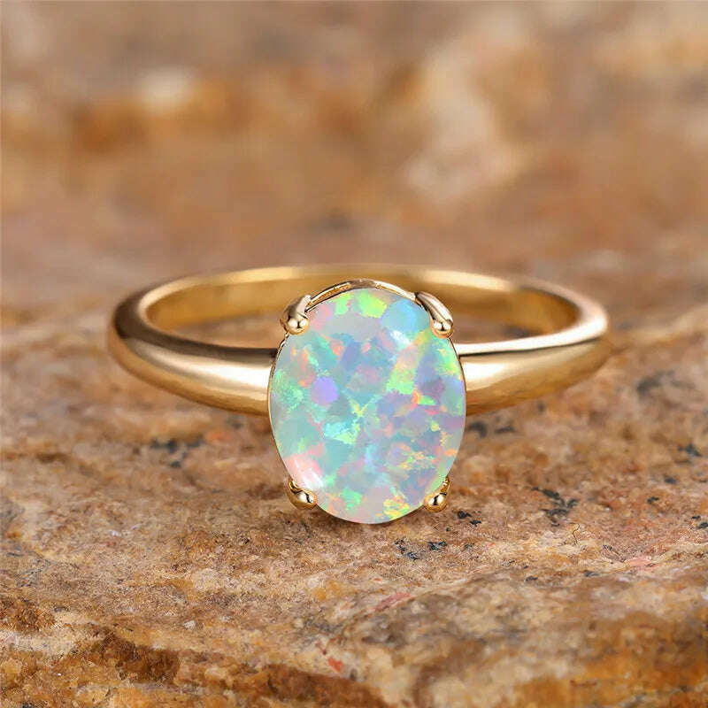 Big Oval Stone Engagement Ring White Fire Opal Egg Rings For Women Vintage Gold Color Wedding Bands Jewelry Minimalist Accessory