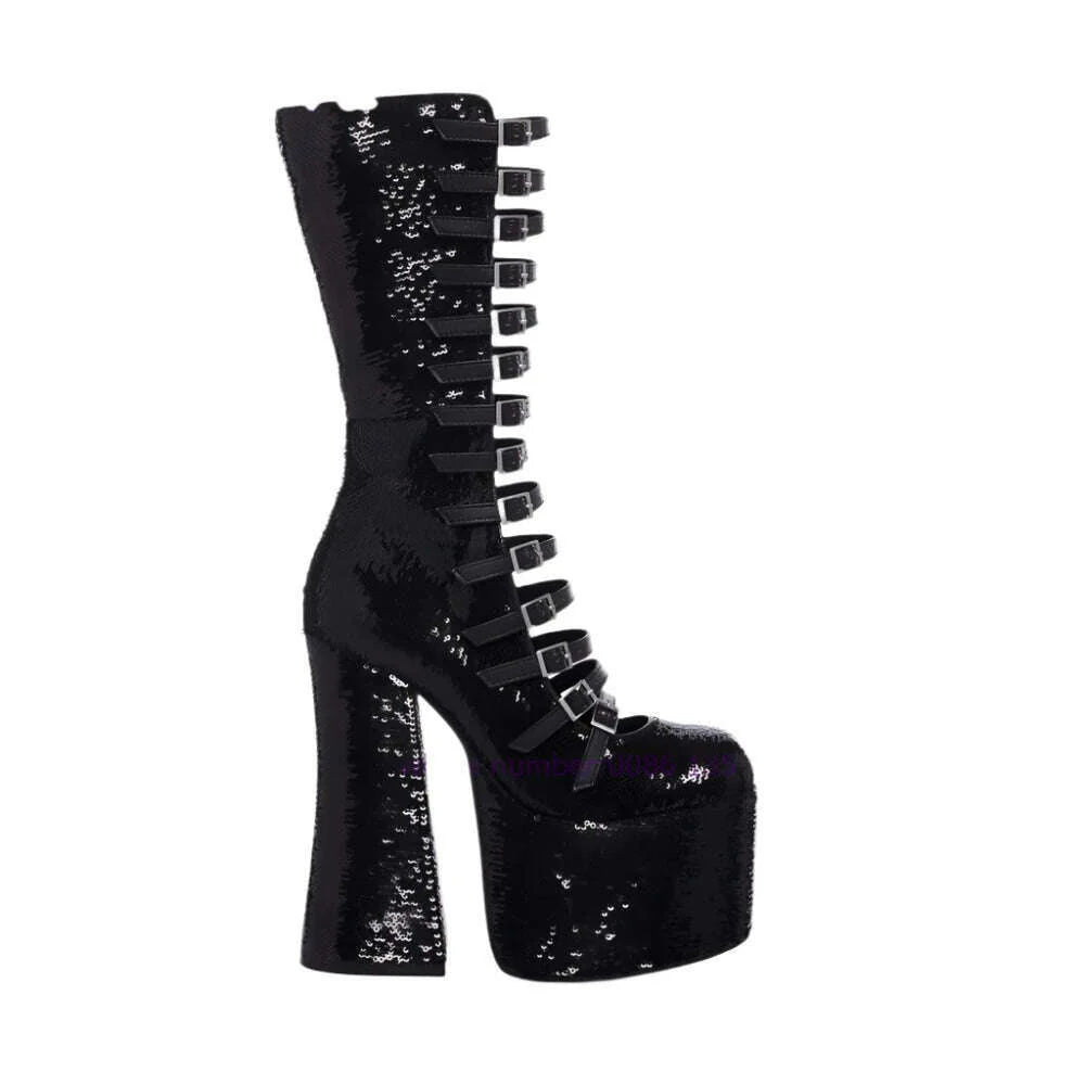 Black Multi-Buckle Platform Sandals Chunky Heel Cut Out Knee High Sandal Boots for Women 2024 Luxury Runway Shoes Lolita Cute