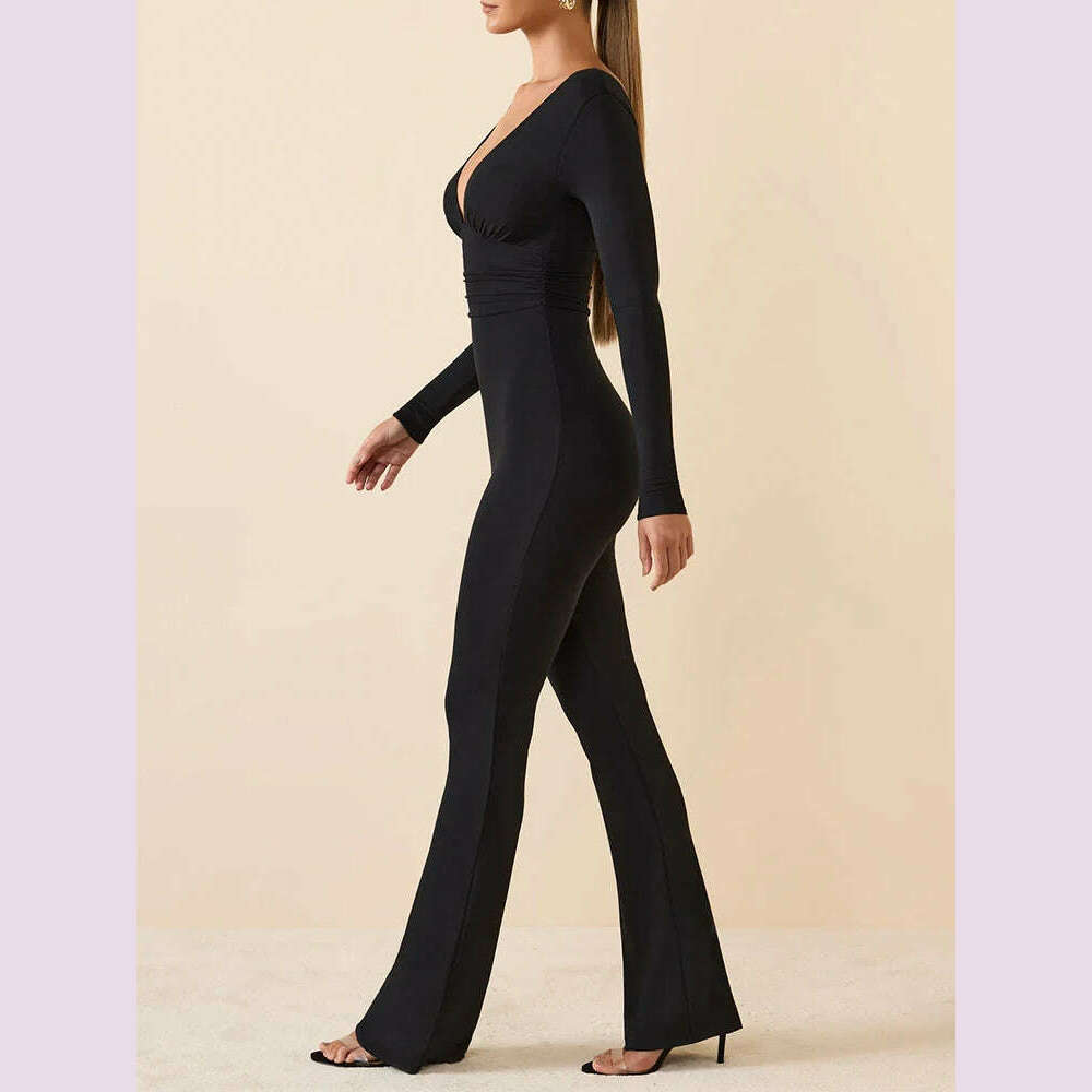 Black Pleated Big Flare Jumpsuit Long Sleeve V Neck Skinny Jumpsuit Pants Women Sexy Slim Backless Long Sleeve Trousers