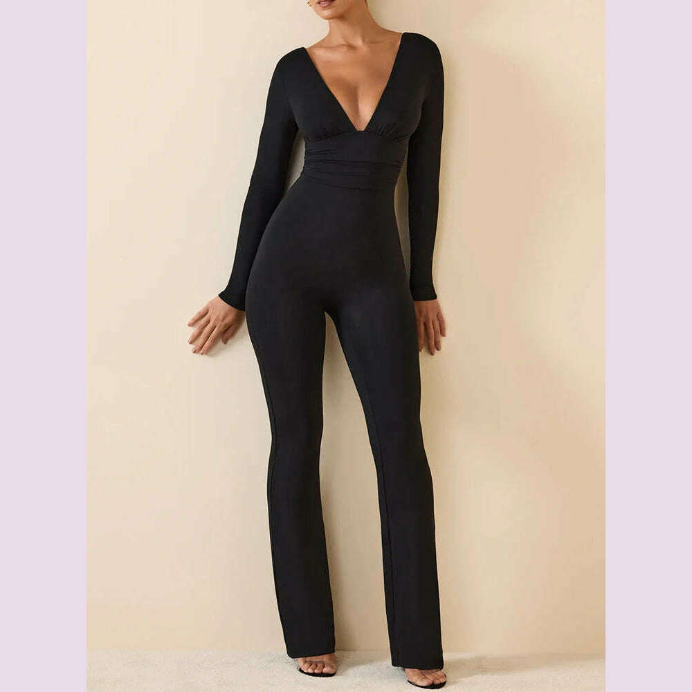 Black Pleated Big Flare Jumpsuit Long Sleeve V Neck Skinny Jumpsuit Pants Women Sexy Slim Backless Long Sleeve Trousers
