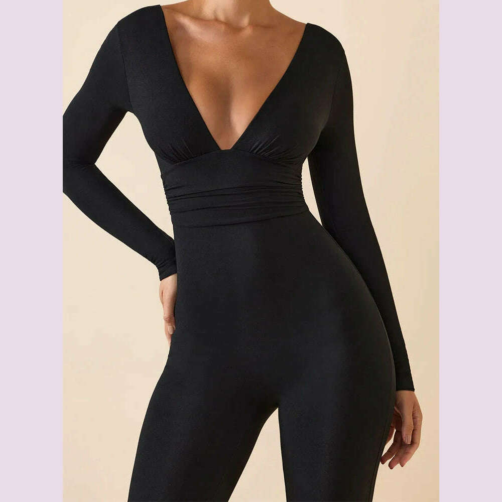 Black Pleated Big Flare Jumpsuit Long Sleeve V Neck Skinny Jumpsuit Pants Women Sexy Slim Backless Long Sleeve Trousers