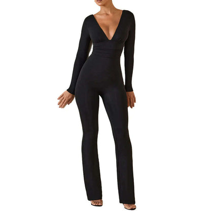 Black Pleated Big Flare Jumpsuit Long Sleeve V Neck Skinny Jumpsuit Pants Women Sexy Slim Backless Long Sleeve Trousers