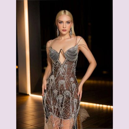 Bling Rhinestones Fringes Spaghetti Straps Dress Women Celebrate Birthday Evening Dress Prom Outfit Sexy See Through Show Wear