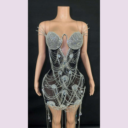 Bling Rhinestones Fringes Spaghetti Straps Dress Women Celebrate Birthday Evening Dress Prom Outfit Sexy See Through Show Wear