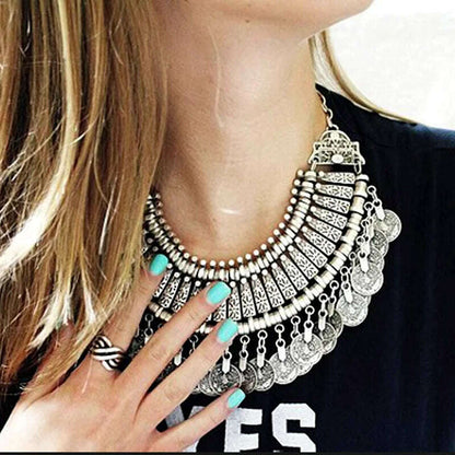 Boho Ethnic Vintage Antique Metal Coin Tassel Statement Necklace For Women Trend 2024 Afghan Turkish Tribal Jewelry