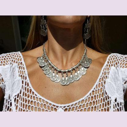 Boho Vintage Ethnic Metal Coins Necklace for Women Gypsy Choker Collar Statement Necklaces Afghan Turkish Maxi Festival Jewelry