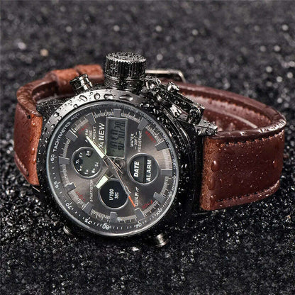 Brand Chronograph Business Watch For Men Fashion Leather Band Alarm Stopwatch Multi-function Movement Electronic Clock Black
