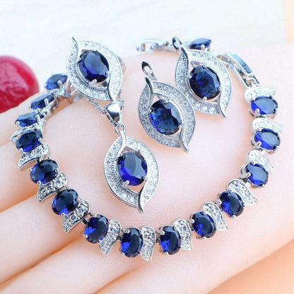 Bridal Jewelry Sets Silver 925 Wedding Jewelry Blue Zirconia For Women Rings Pendant Necklace Earrings Stones Bracelets Set
