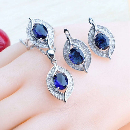 Bridal Jewelry Sets Silver 925 Wedding Jewelry Blue Zirconia For Women Rings Pendant Necklace Earrings Stones Bracelets Set