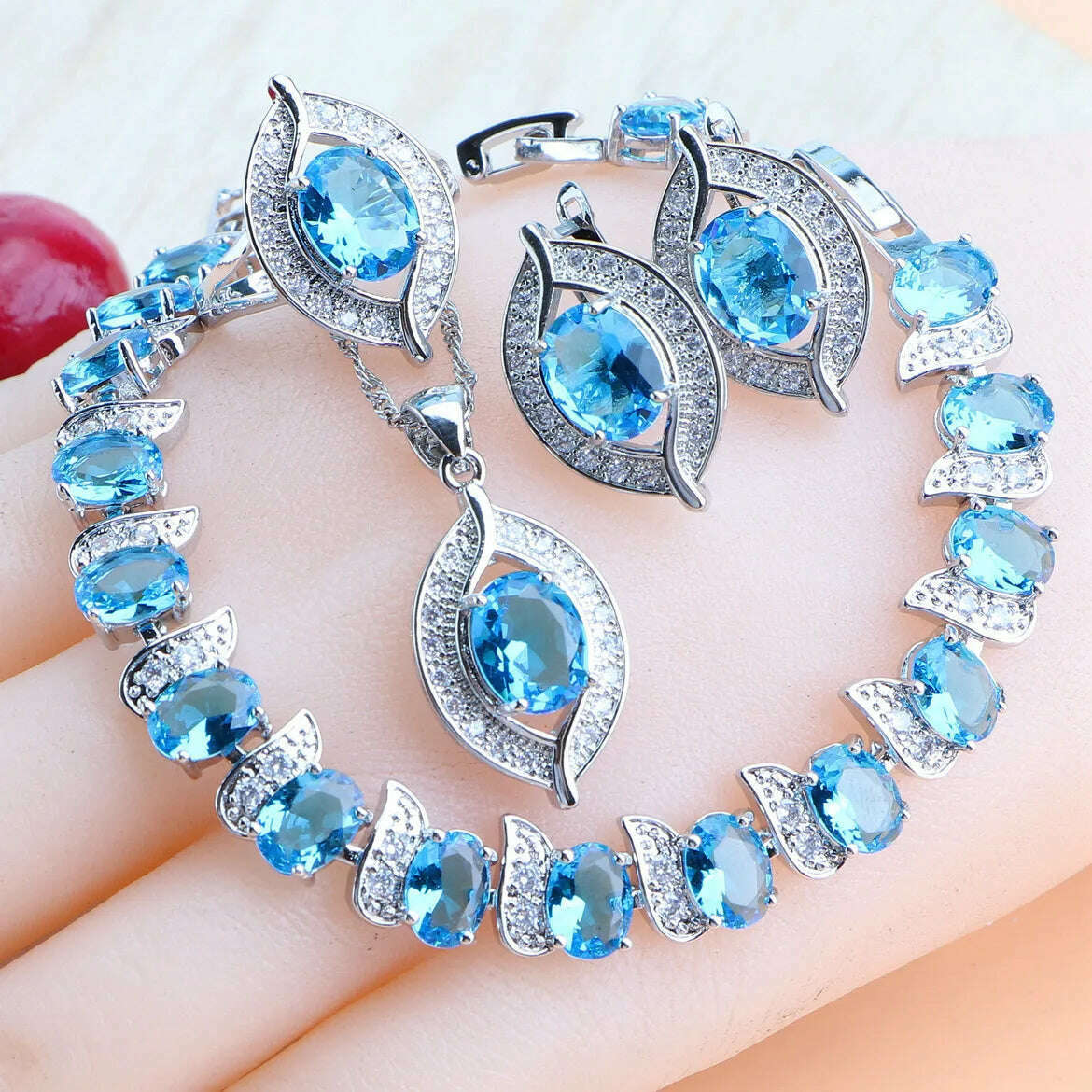 Bridal Jewelry Sets Silver 925 Wedding Jewelry Blue Zirconia For Women Rings Pendant Necklace Earrings Stones Bracelets Set
