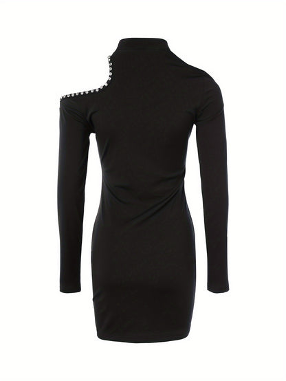 Cold Shoulder Bodycon Dress, Elegant Long Sleeve Dress For Spring & Fall, Women's Clothing