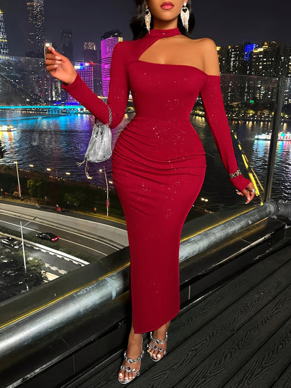 Solid One Shoulder Cut Out Dress, Sexy Long Sleeve Slit Bodycon Dress, Women's Clothing