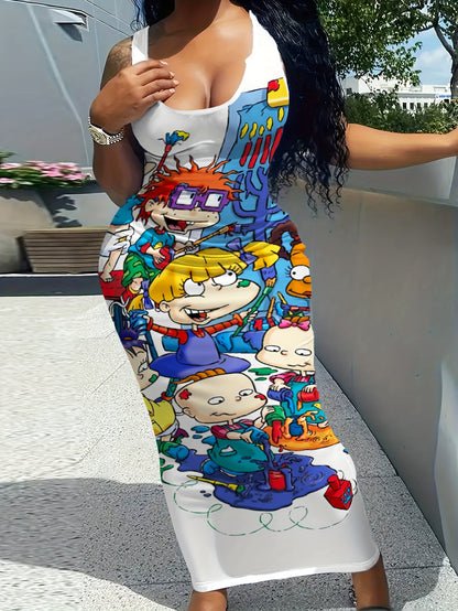 Cartoon Character Print Tank Dress, Casual Crew Neck Sleeveless Bodycon Dress, Women's Clothing