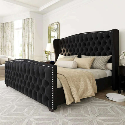 California King Size Platform Bed Frame, Velvet Upholstered Bed with Deep Button Tufted & Nailhead Trim Wingback Headboard,Black