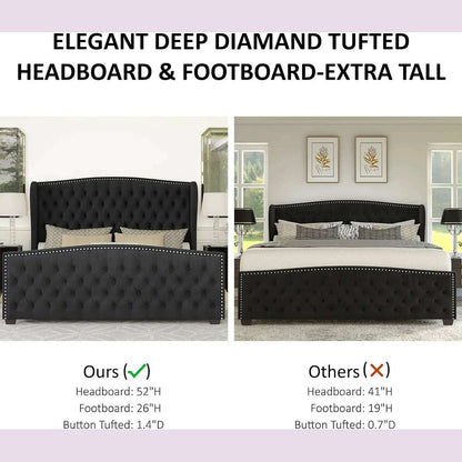 California King Size Platform Bed Frame, Velvet Upholstered Bed with Deep Button Tufted & Nailhead Trim Wingback Headboard,Black