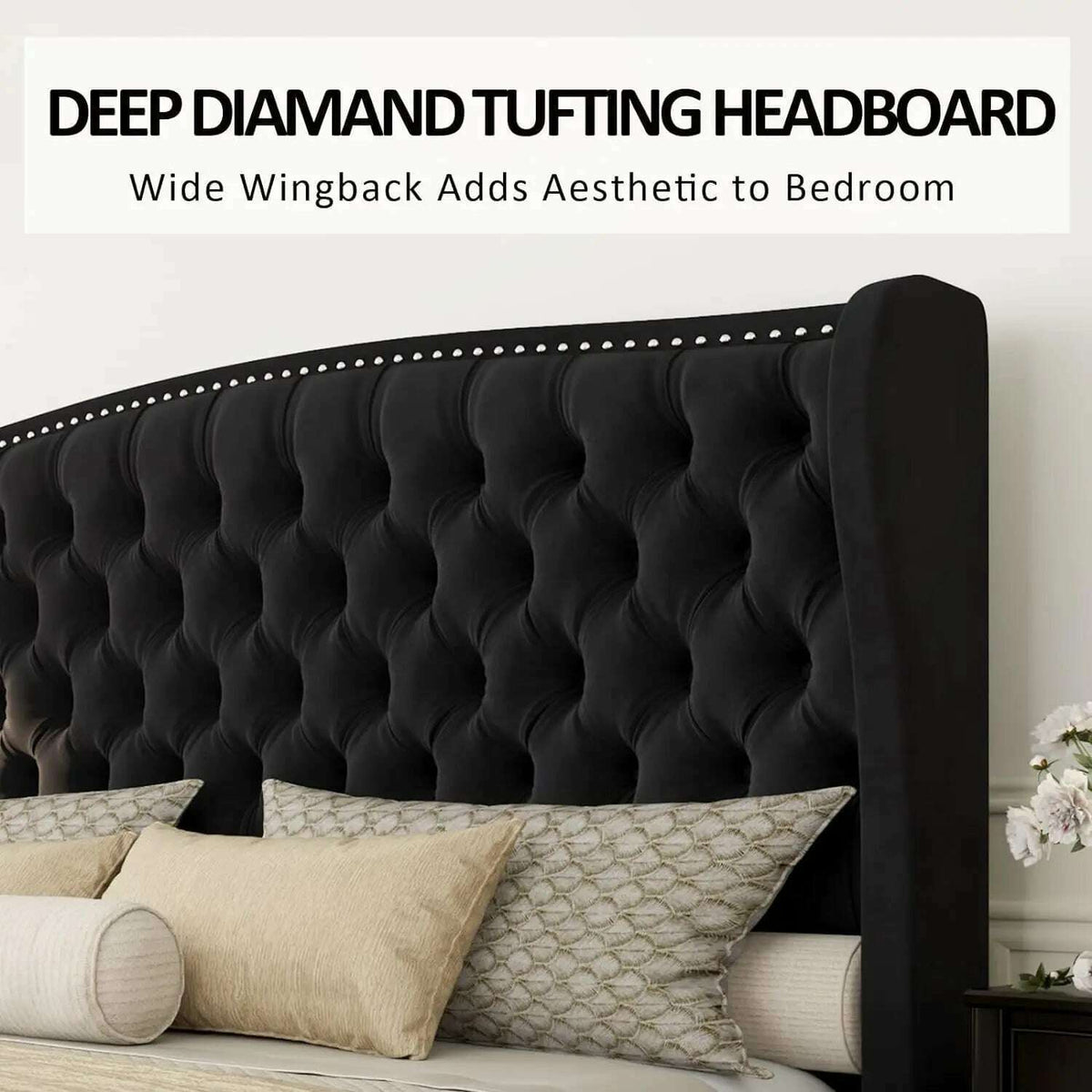 California King Size Platform Bed Frame, Velvet Upholstered Bed with Deep Button Tufted & Nailhead Trim Wingback Headboard,Black