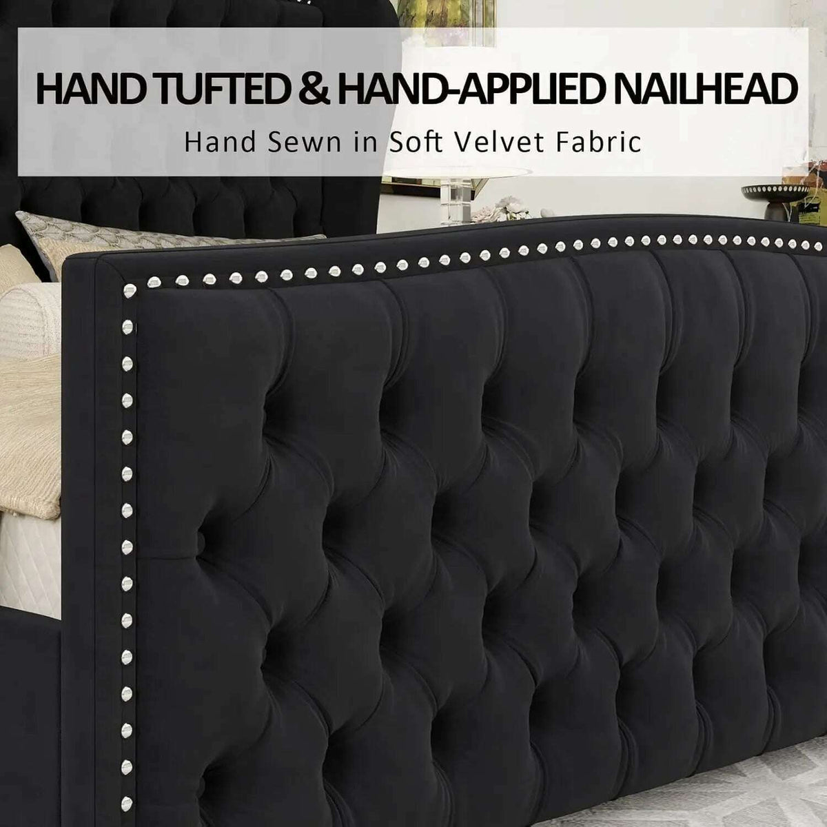 California King Size Platform Bed Frame, Velvet Upholstered Bed with Deep Button Tufted & Nailhead Trim Wingback Headboard,Black